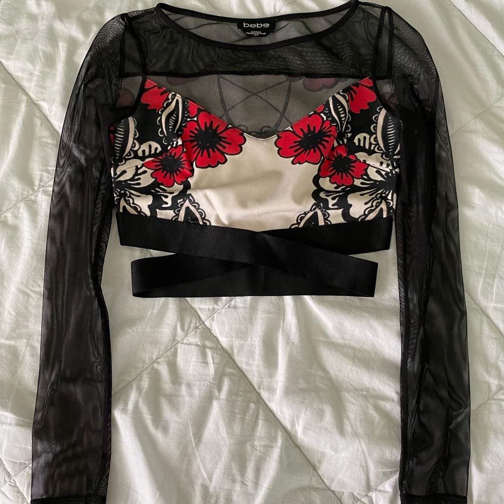 Bebe strappy flower pattern crop top sheer long sleeves